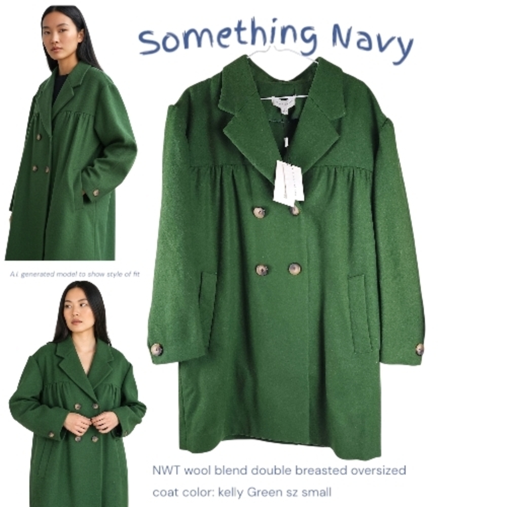 Something Navy wool blend double breasted oversized coat In kelly Green Women S